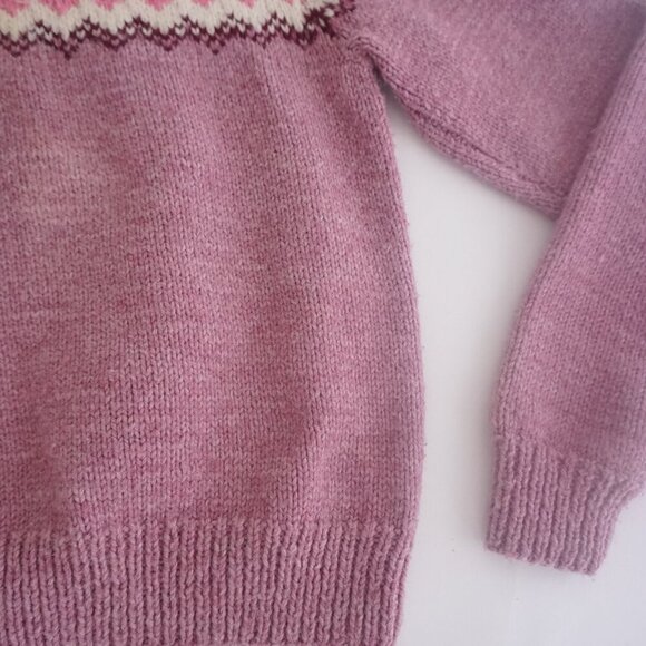 Hand Knit Pink Purple Winter Fisherman Fair Isle Turtleneck Wool Sweater S - Picture 6 of 11